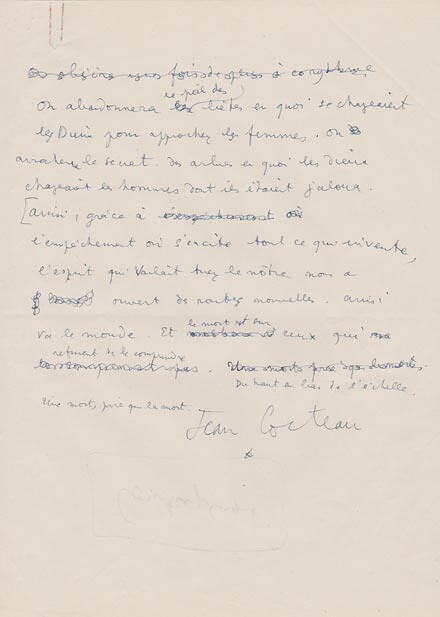 Manuscrit autographe signé par Jean Cocteau
